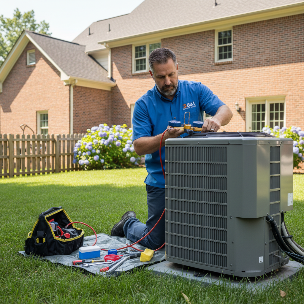 Skilled HVAC professional performing AC unit maintenance at a residence in Fredericksburg, Virginia.