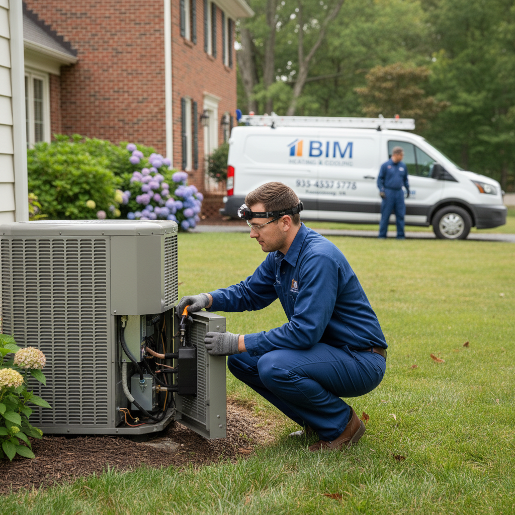 Skilled HVAC technician inspecting an outdoor heat pump unit for a client in Fredericksburg, Virginia.