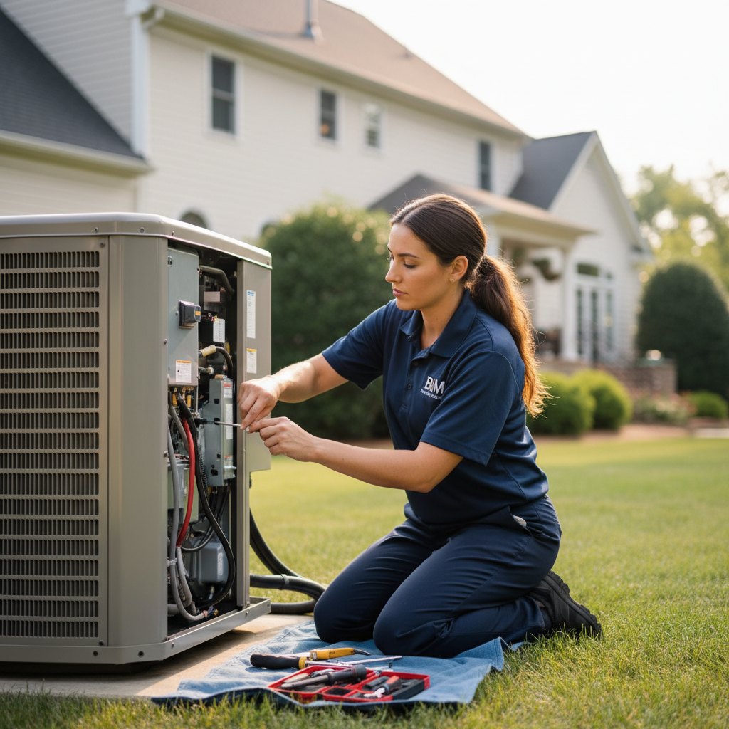 Skilled HVAC technician performing air conditioning repair in a Fredericksburg, Virginia residence.