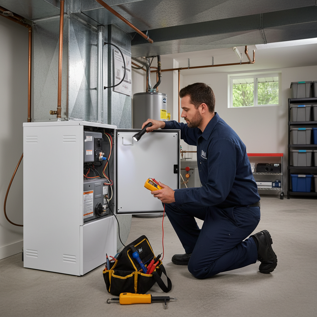 Skilled HVAC technician performing heating system maintenance in Fredericksburg and surrounding Virginia counties.