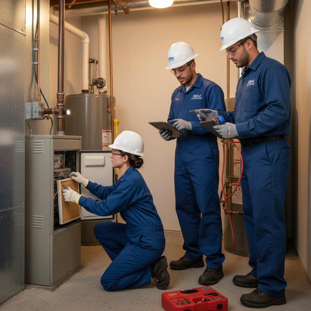 Skilled HVAC technician performing heating system maintenance for a client in Fredericksburg, Virginia.