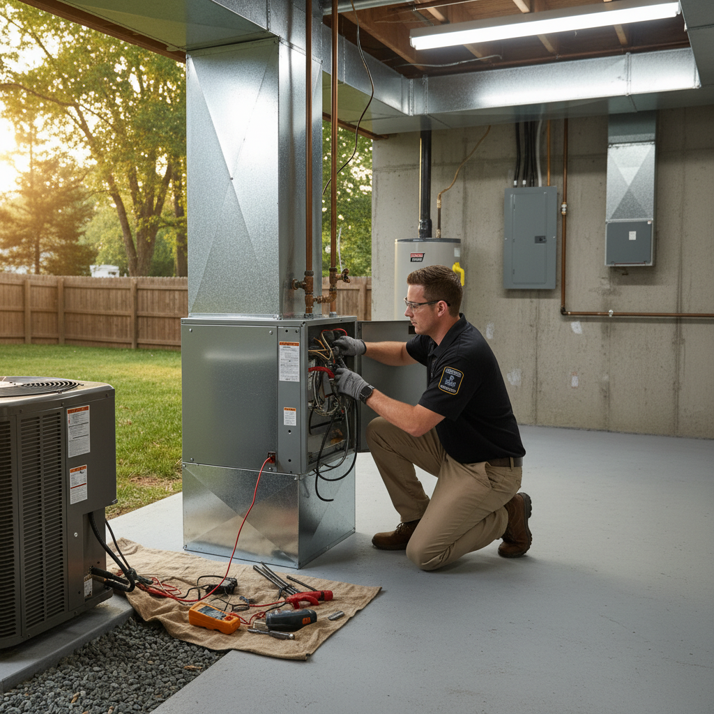 Skilled HVAC technician performing maintenance on a residential furnace in Fredericksburg, Virginia.