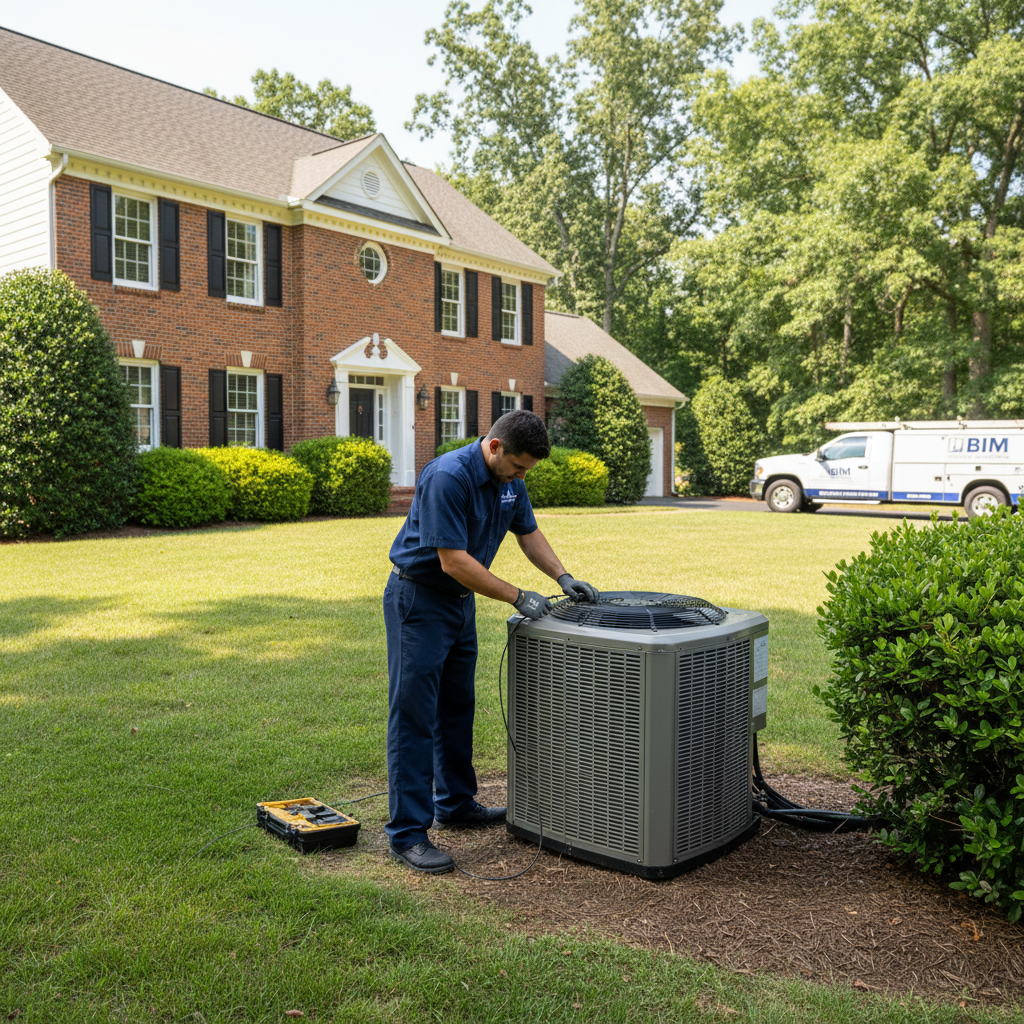 Skilled technician from BIM Heating and Cooling installing a new air conditioner for a Fredericksburg, Virginia residence.