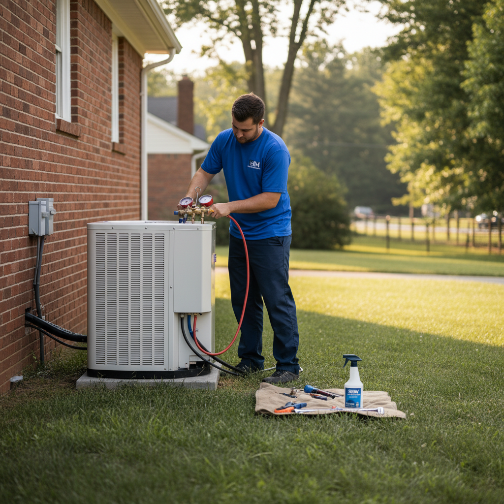 Skilled technician from BIM Heating and Cooling installing a new air conditioner in a Virginia home near Fredericksburg.