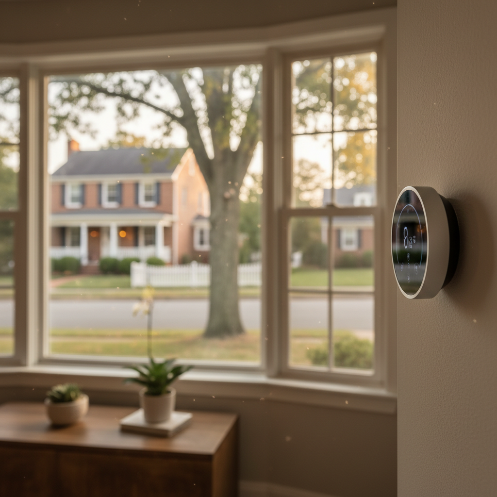 Smart thermostat installation visible in a Fredericksburg, VA home with a blurred neighborhood background, suggesting modern comfort.