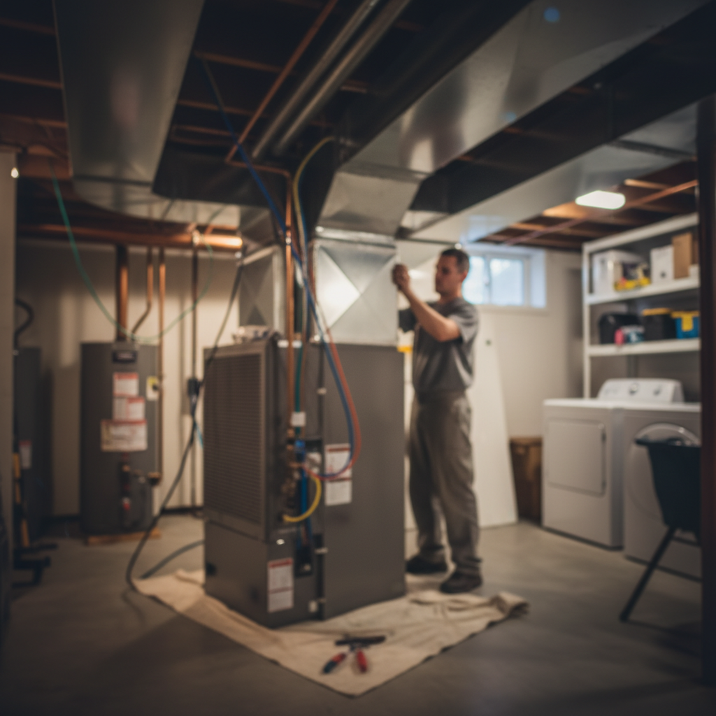Softly blurred image of a new furnace installation in a residential Fredericksburg, VA basement.