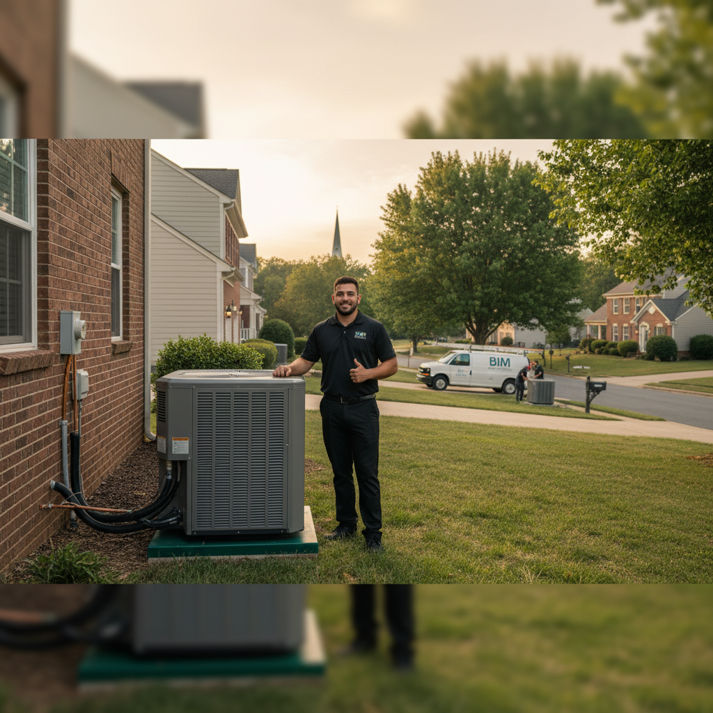 Subtle, atmospheric view of an emergency AC repair unit in a quiet Fredericksburg, VA neighborhood.