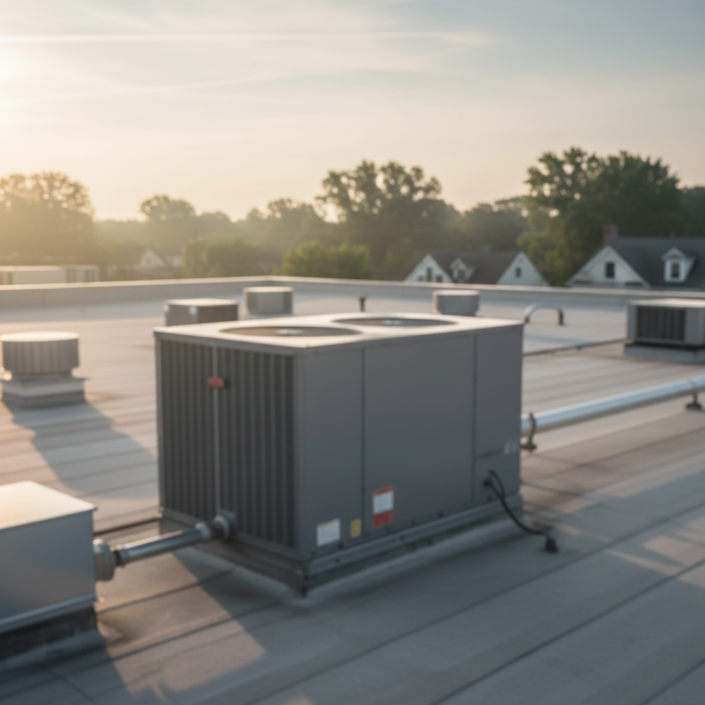Subtle background image of a commercial HVAC unit on a Fredericksburg, VA rooftop, suggesting maintenance services.