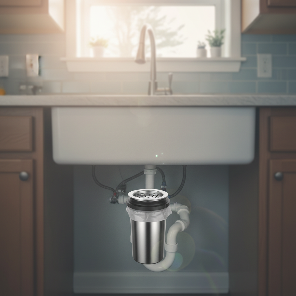 Subtle background image of a new garbage disposal under a kitchen sink in a Fredericksburg, VA home.