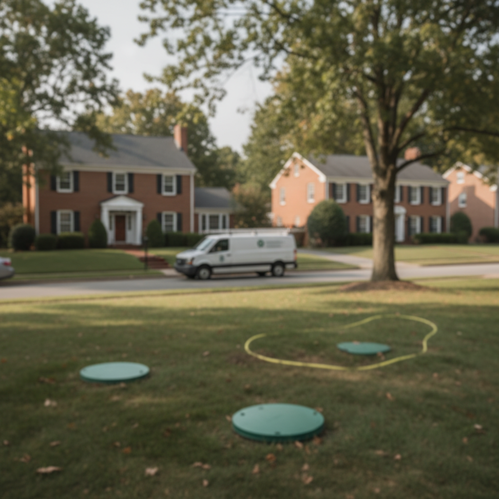 Subtle background image of a septic inspection in progress within a Fredericksburg, VA neighborhood setting.