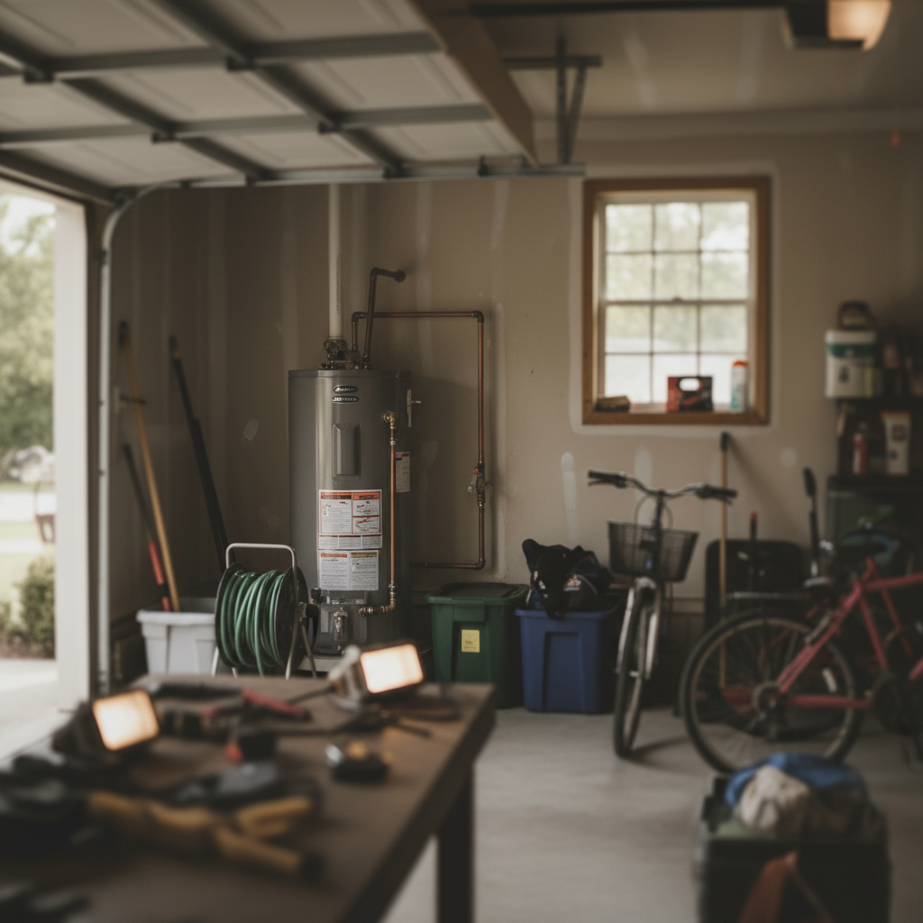 Subtle background image of a water heater installation in a typical garage setting in Fredericksburg, VA.