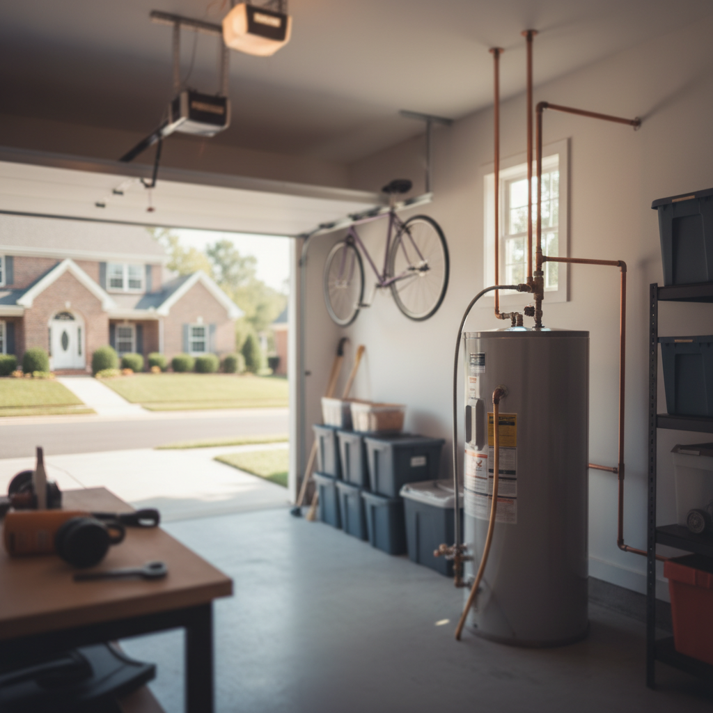 Subtle background image of a water heater repair setup in a Fredericksburg, VA residential garage.