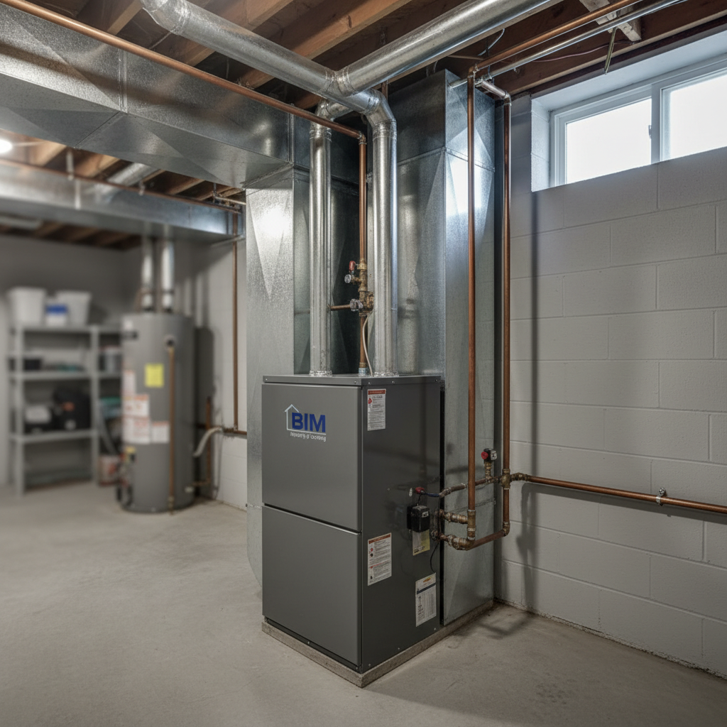 Subtle background image of a whole house dehumidifier installation in a Fredericksburg, VA home basement.