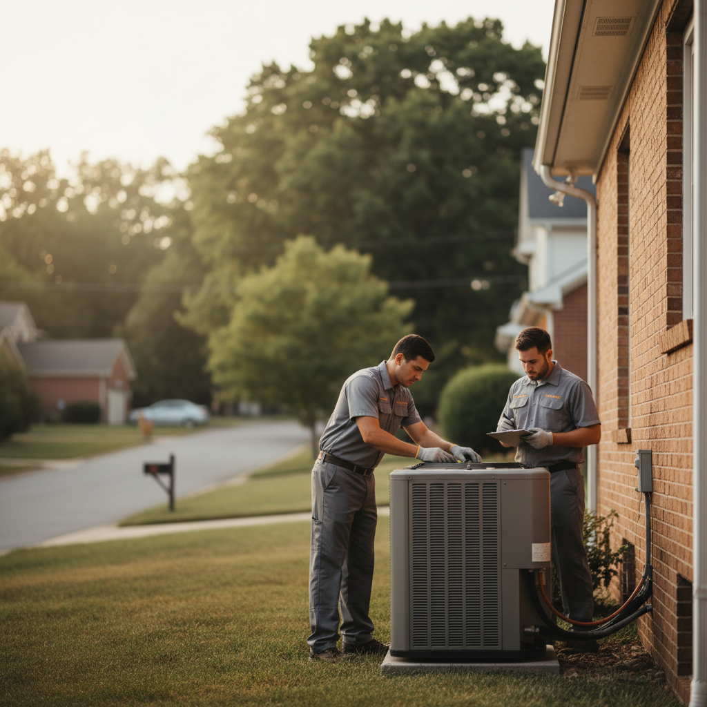 Subtle background image of an HVAC inspection taking place at a residential property in a Fredericksburg neighborhood.