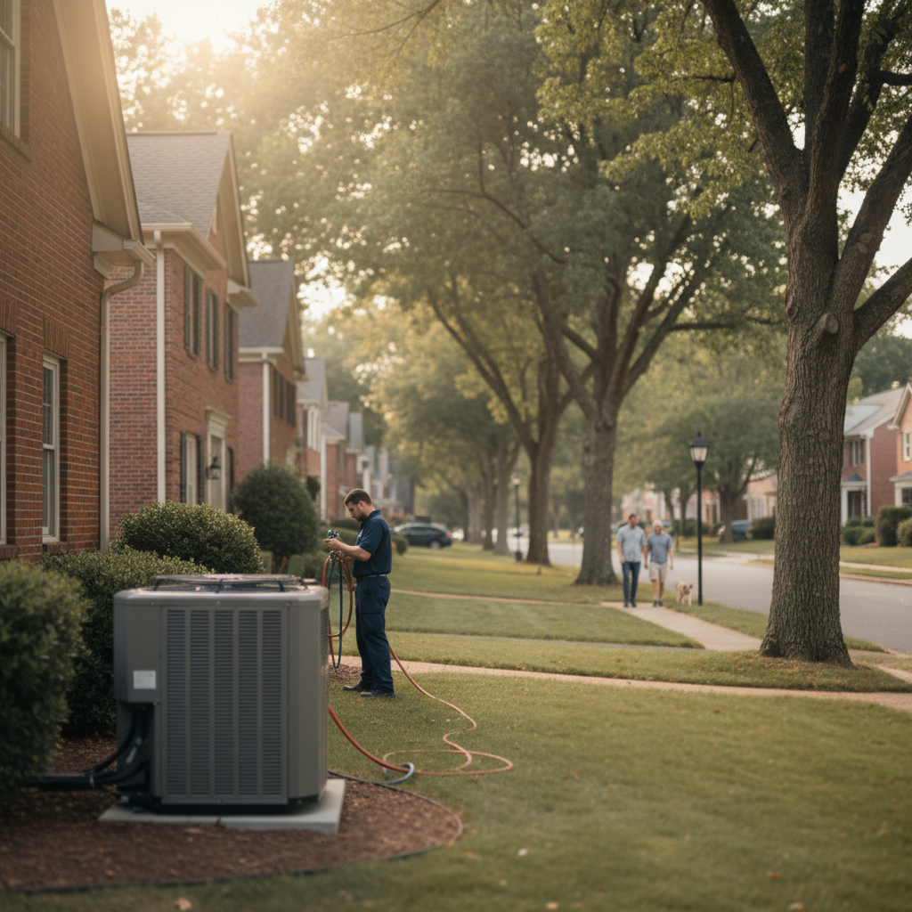 Subtle background image of an HVAC tune up in progress on a quiet residential street in Fredericksburg, VA.