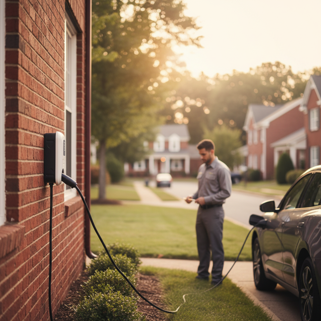 Subtle background image of EV charger repair in a Fredericksburg, VA neighborhood, with a technician working near a charging station.