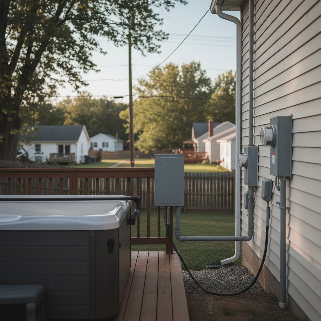 Subtle background image of hot tub electrical installation in a Fredericksburg, VA residential backyard.