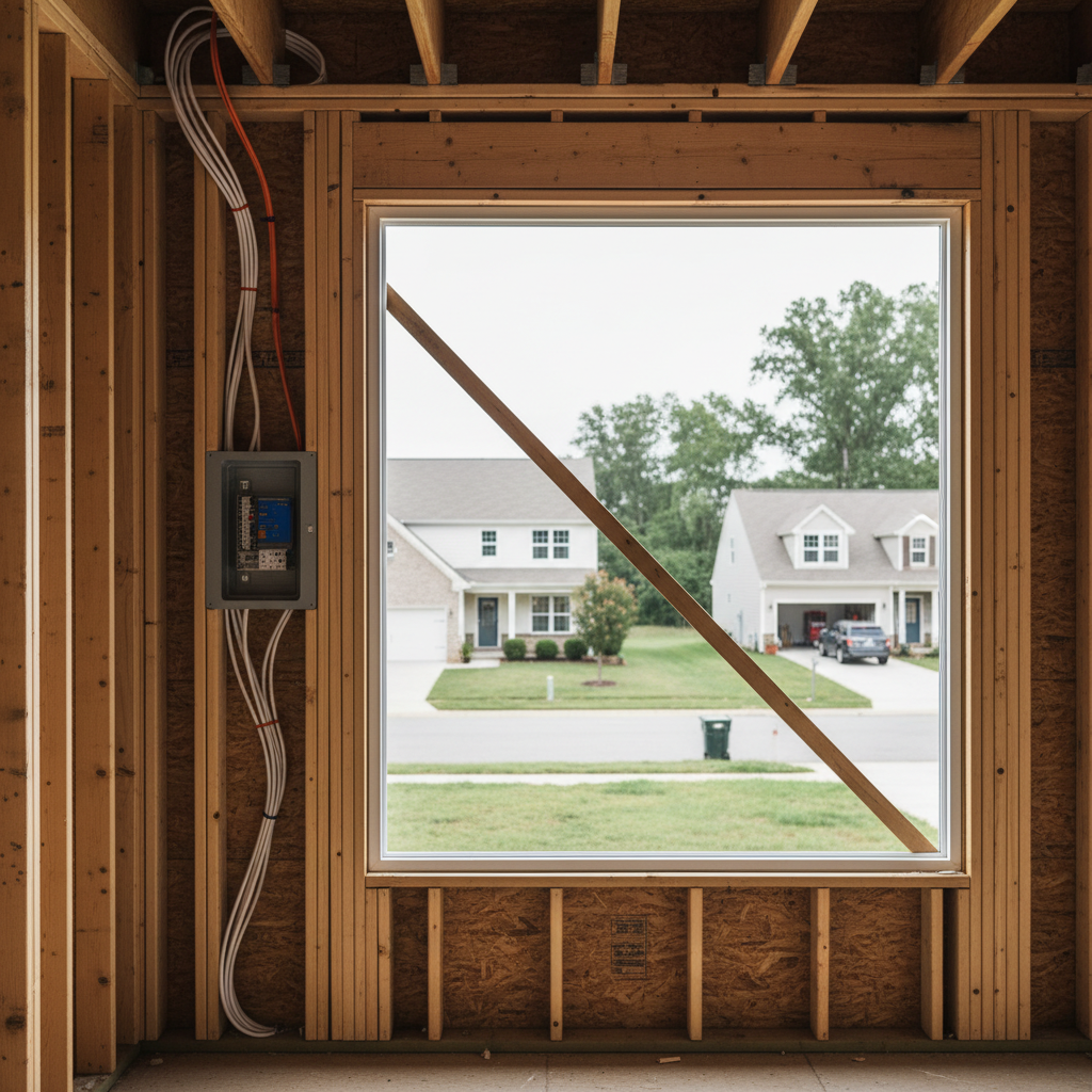 Subtle background image of residential electrical wiring during home construction in a Fredericksburg, VA neighborhood.