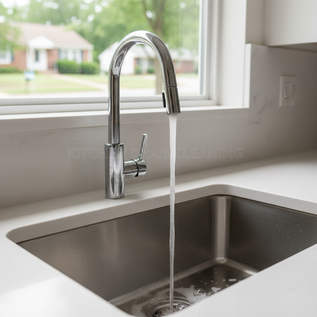 Subtle background image showing a clean kitchen sink after drain cleaning service in Fredericksburg, VA.