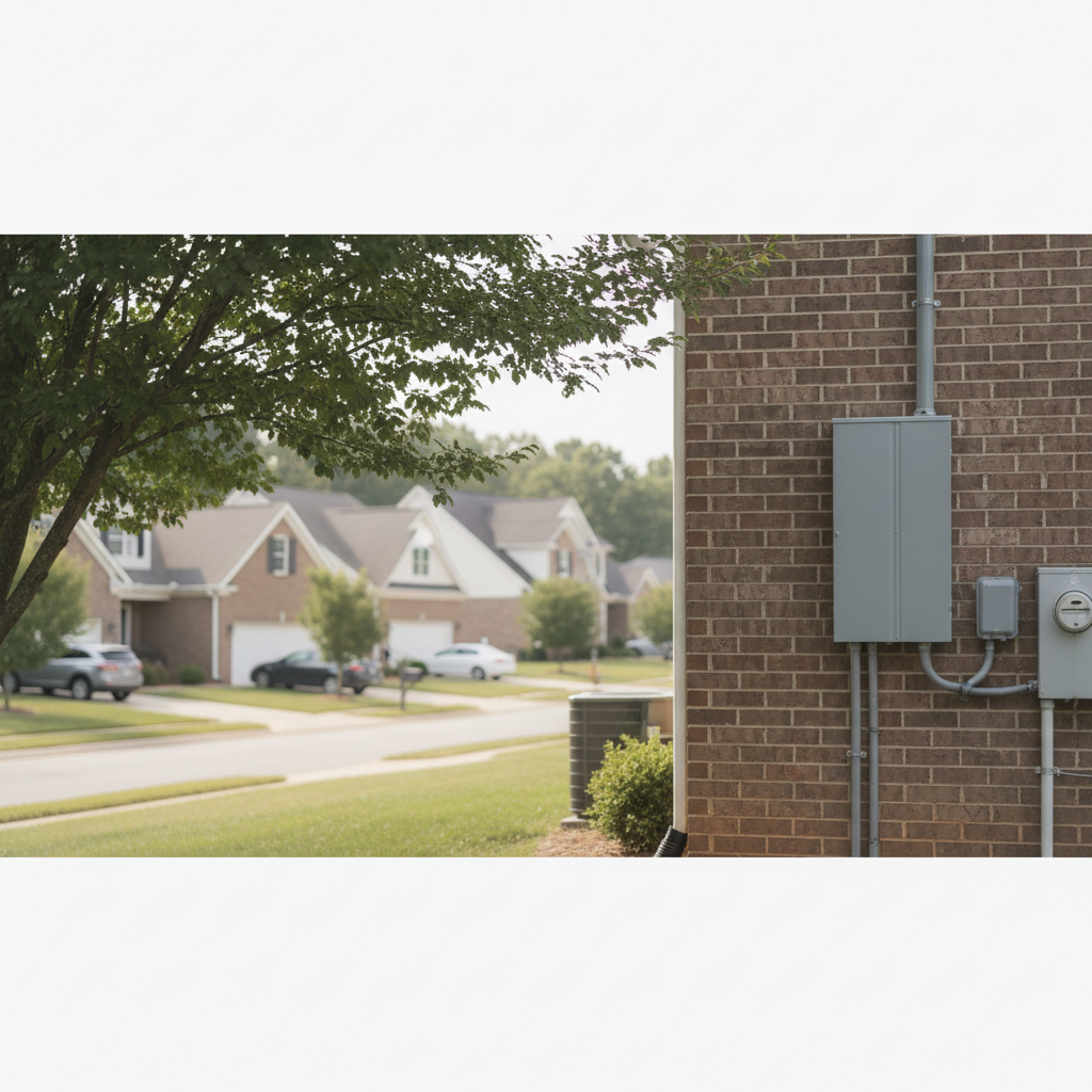 Subtle background image showing a subpanel installation on a brick home in a quiet Fredericksburg, VA, neighborhood.
