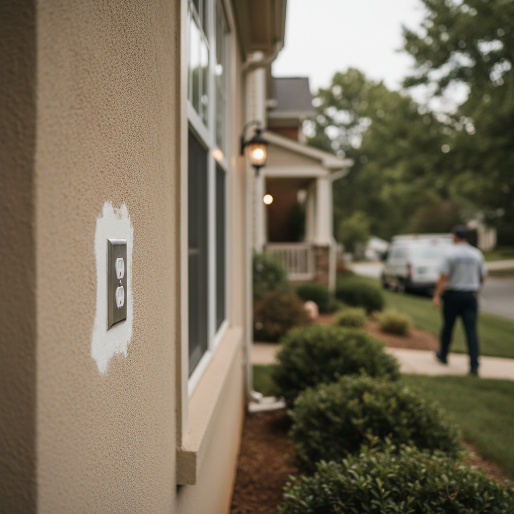 Subtle background image showing an outlet repair on a home exterior in a Fredericksburg, VA neighborhood.