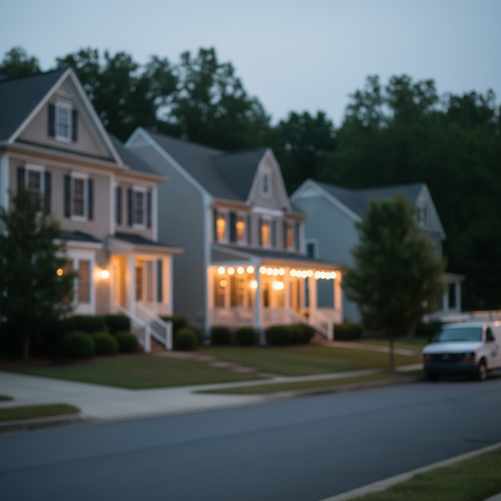 Subtle background of a Fredericksburg neighborhood at dusk with lights from a flickering light repair.