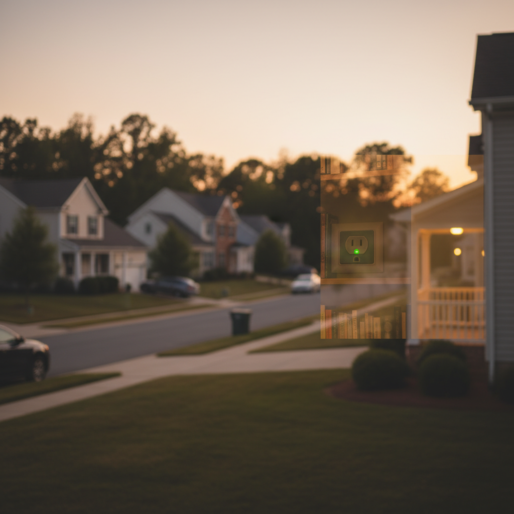 Subtle background showing a repaired outlet icon over a typical Fredericksburg, VA neighborhood at sunset, symbolizing reliable dead outlet repair.