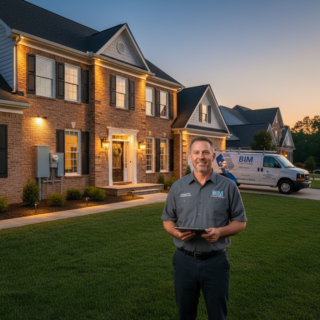 Subtle background showing a residential electrician service van parked in a Fredericksburg neighborhood at dusk.