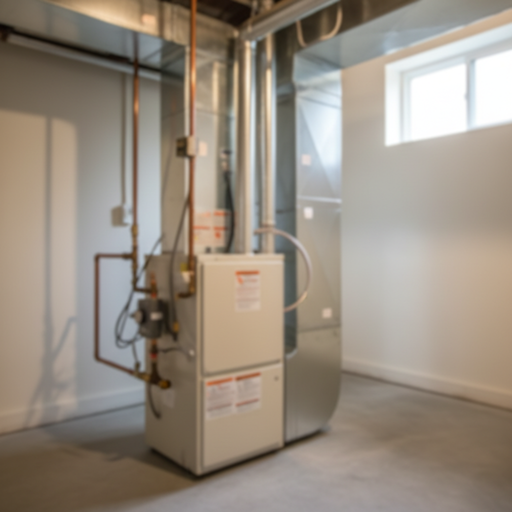 Subtle, blurred view of a newly installed gas furnace in a clean Fredericksburg, VA basement setting.