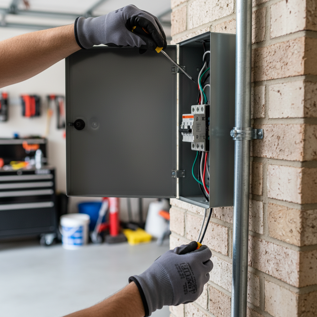 Subtle dedicated circuit installation box on a residential brick home in a quiet Fredericksburg, VA neighborhood.