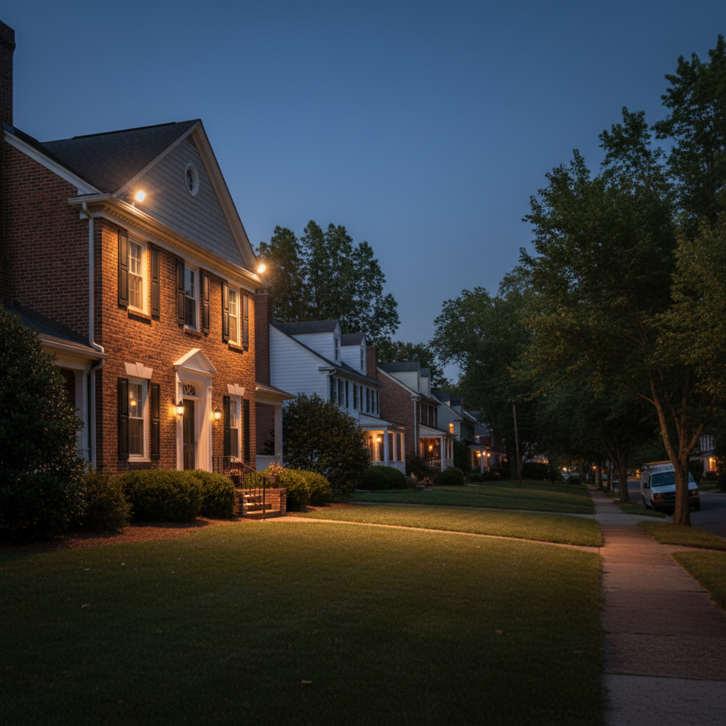 Subtle emergency lighting illuminating a residential street in a quiet Fredericksburg, VA neighborhood at twilight.