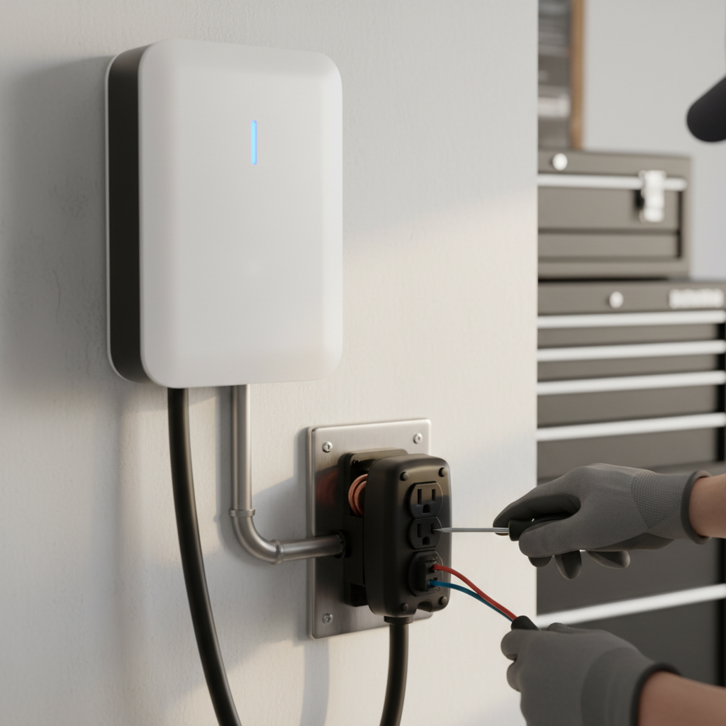 Subtle evening shot of a Level 2 EV charger installation on a brick home in a Fredericksburg, VA neighborhood.