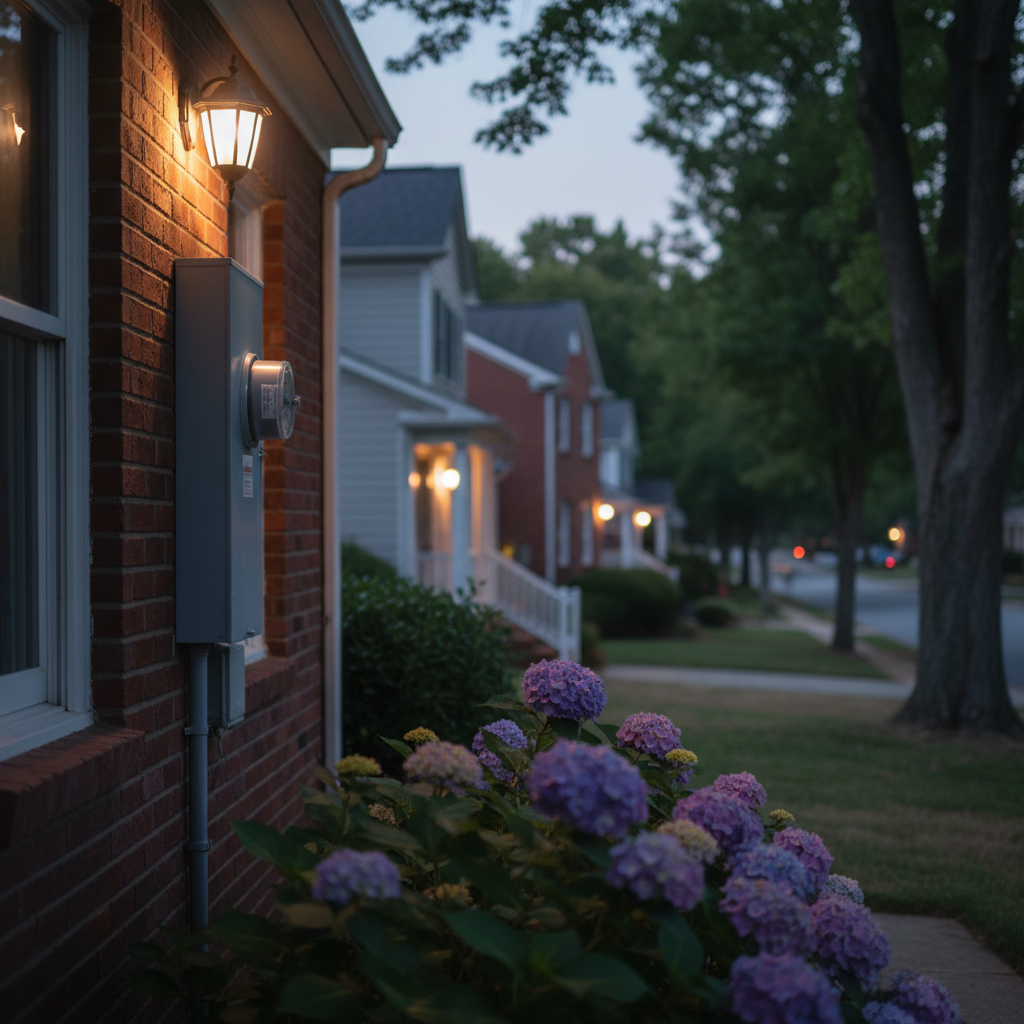 Subtle evening view of an electrical meter on a residential home, indicating electrical installation service in Fredericksburg, VA.