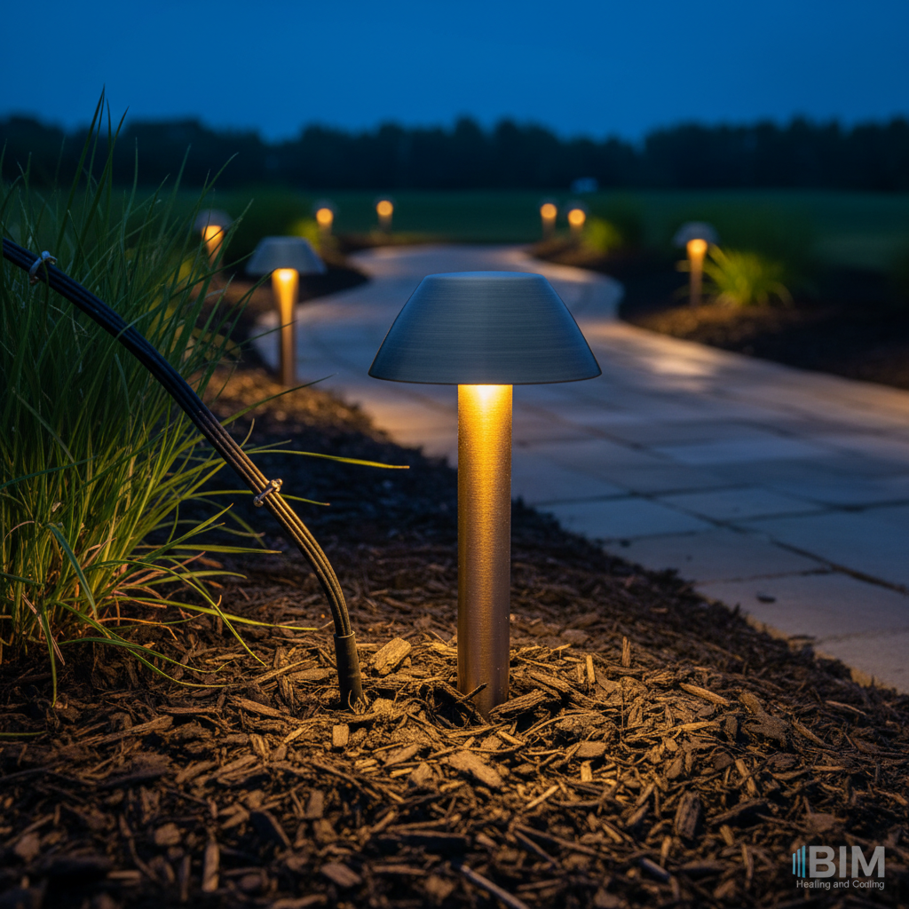 Subtle landscape lighting installation along a pathway in a quiet Fredericksburg, VA neighborhood.