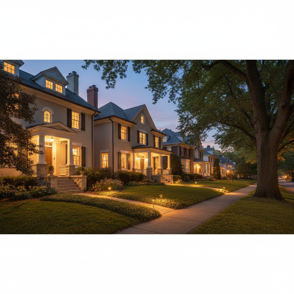 Subtle neighborhood scene in Fredericksburg, VA, featuring homes with integrated lighting control system installations at twilight.