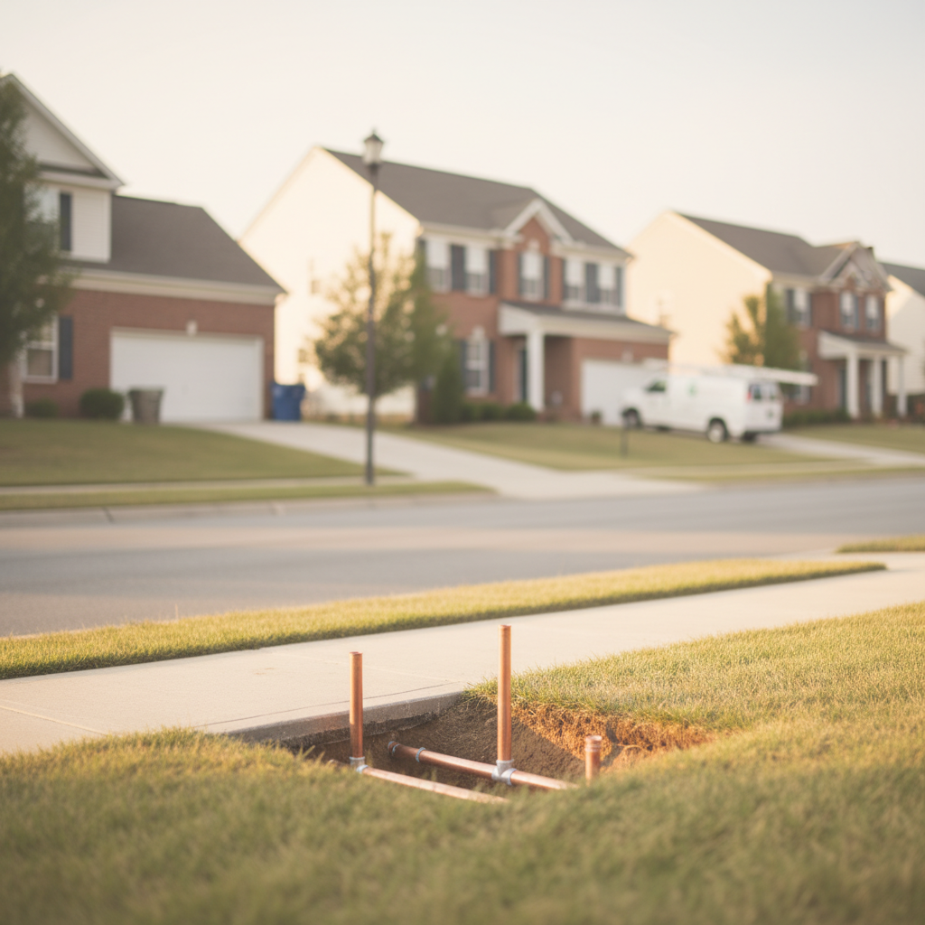 Subtle neighborhood view with new pipes from a slab leak repair visible in Fredericksburg, VA.