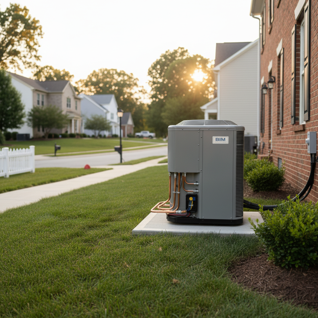 Subtle outdoor air conditioning unit in a residential Fredericksburg, VA neighborhood, expertly installed by an air conditioning contractor.