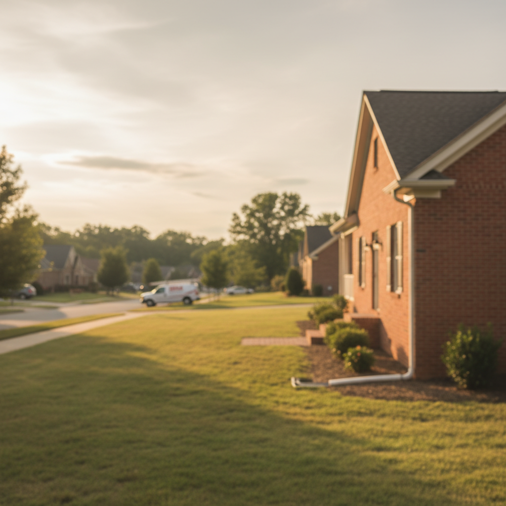Subtle outdoor drain cleaning system visible on a home in a quiet Fredericksburg, VA neighborhood at sunset.
