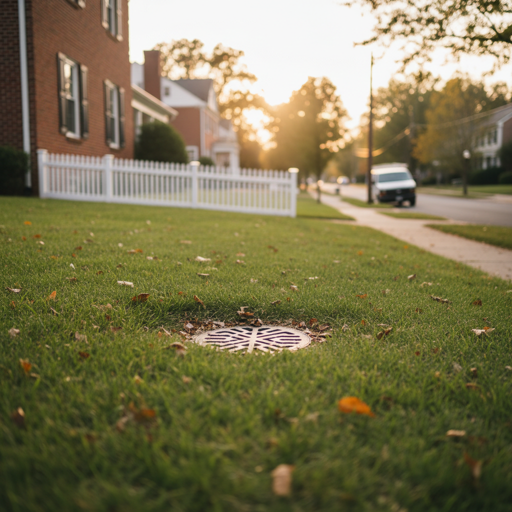 Subtle outdoor drain in a residential lawn in Fredericksburg, VA, ready for or recently after drain unclogging, with soft evening light.