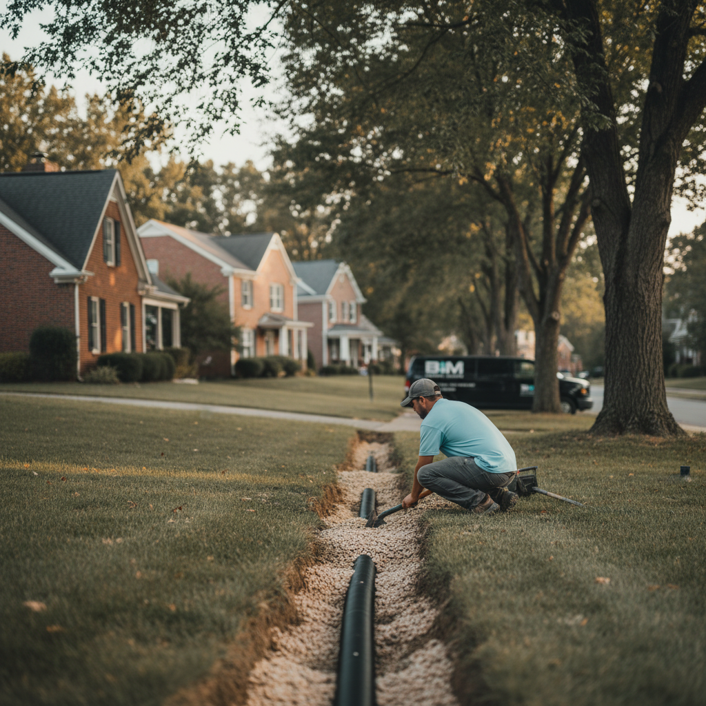 Subtle outdoor drainage service installation in a residential Fredericksburg, VA neighborhood at dusk.