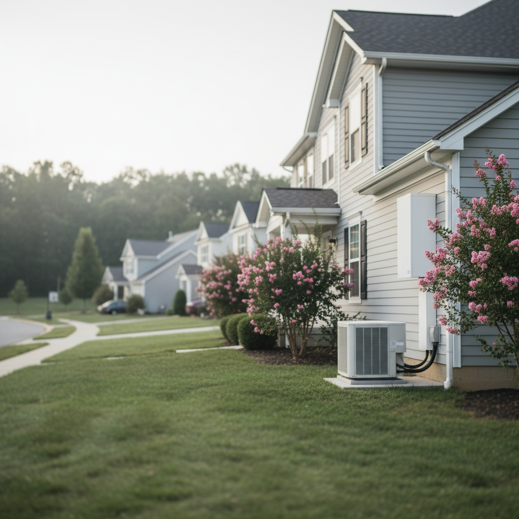 Subtle outdoor ductless AC unit installation in a quiet Fredericksburg neighborhood, blending with the home.
