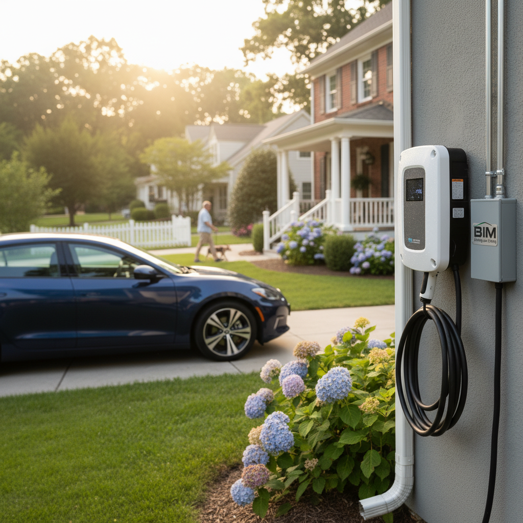 Subtle outdoor EV charger installation in a Fredericksburg, VA, neighborhood, enhancing a residential street scene.