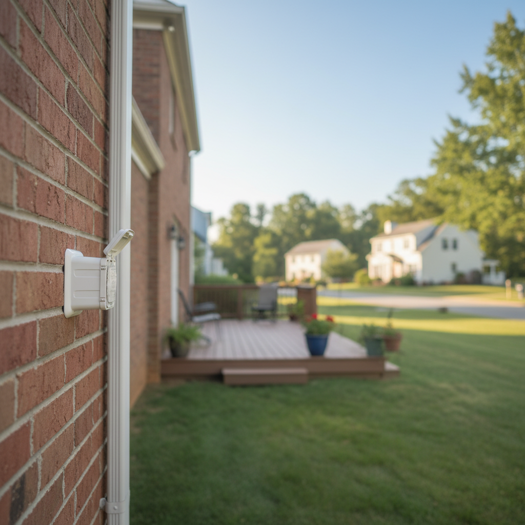 Subtle outdoor outlet installation on a brick house in a quiet Fredericksburg, VA neighborhood.