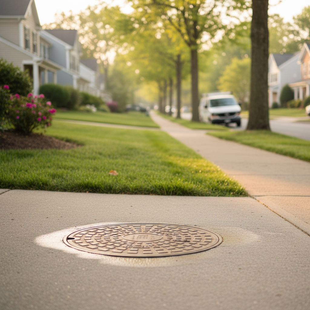 Subtle shot of a clean floor drain cover on a residential sidewalk in Fredericksburg, VA, after professional floor drain cleaning.
