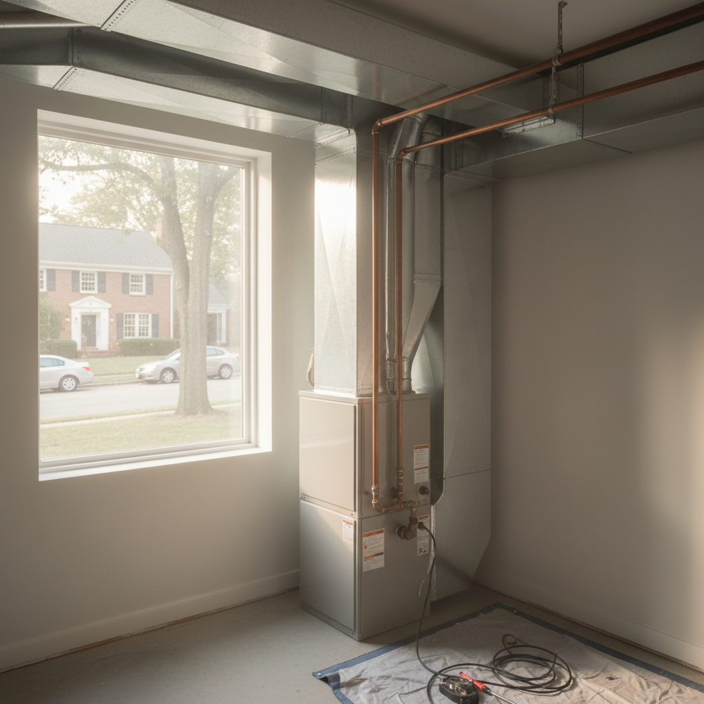 Subtle shot of a modern furnace replacement in a Fredericksburg, VA residential basement, with a view of the neighborhood.