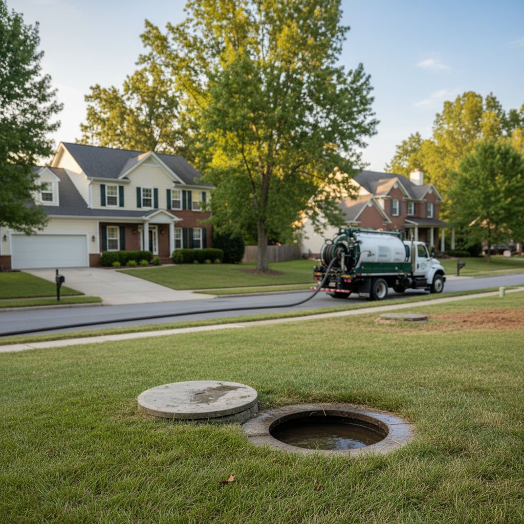 Subtle shot of a septic tank cleaning truck on a residential street in Fredericksburg, VA, with the tank opening visible.