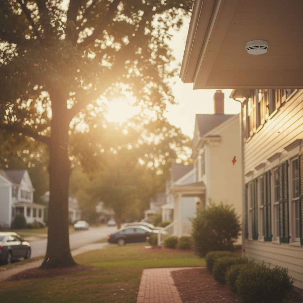 Subtle shot of a smoke detector on a porch in a quiet Fredericksburg, VA neighborhood at sunset.