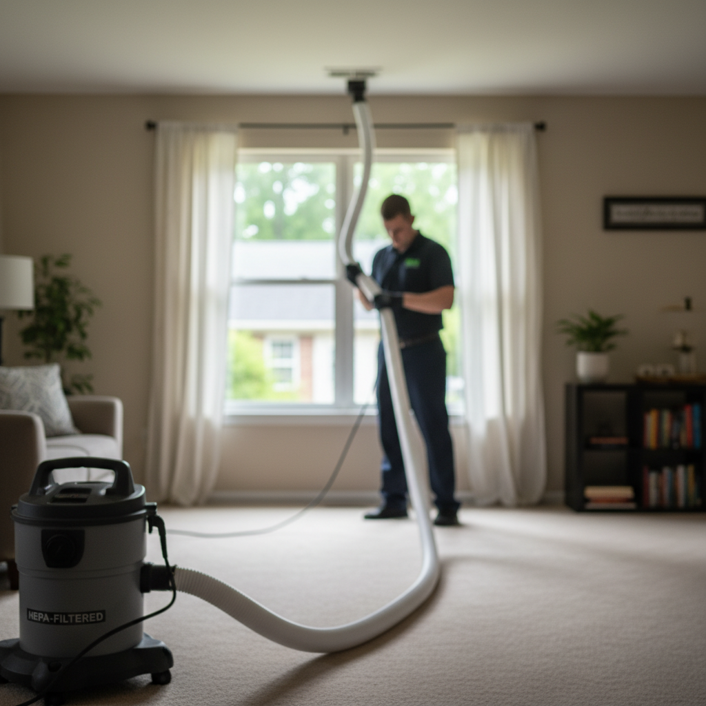 Subtle shot of air duct cleaning in progress inside a Fredericksburg, VA, home, showing equipment and technician.