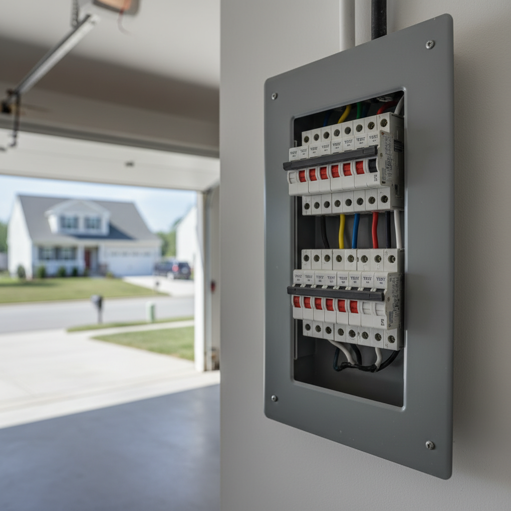 Subtle shot of an arc fault breaker installation with a Fredericksburg, VA neighborhood in the background.