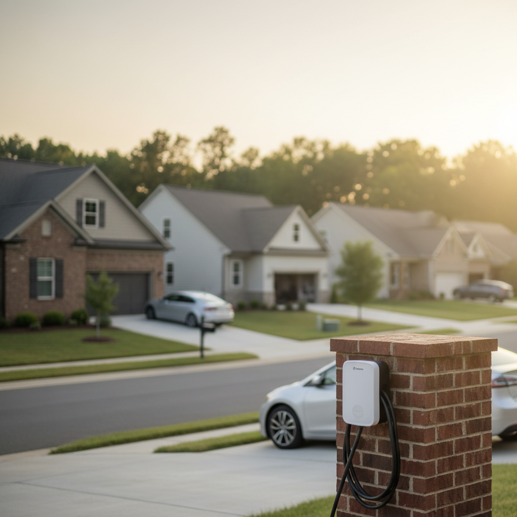 Subtle shot of an electric vehicle charger installation in a quiet Fredericksburg, VA neighborhood at sunset.